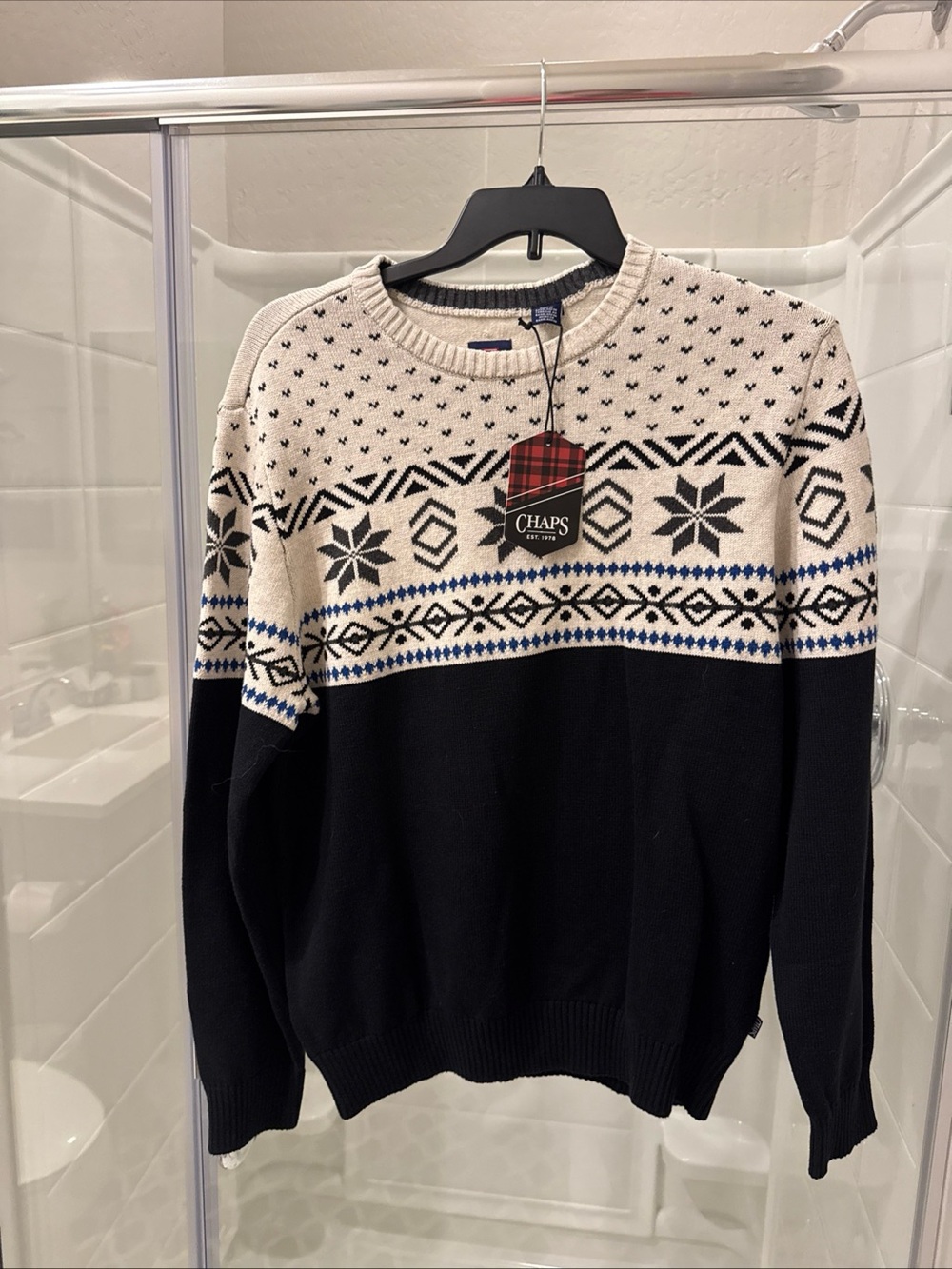 Chaps Men's Black and Cream Fair Isle Crewneck Sweater